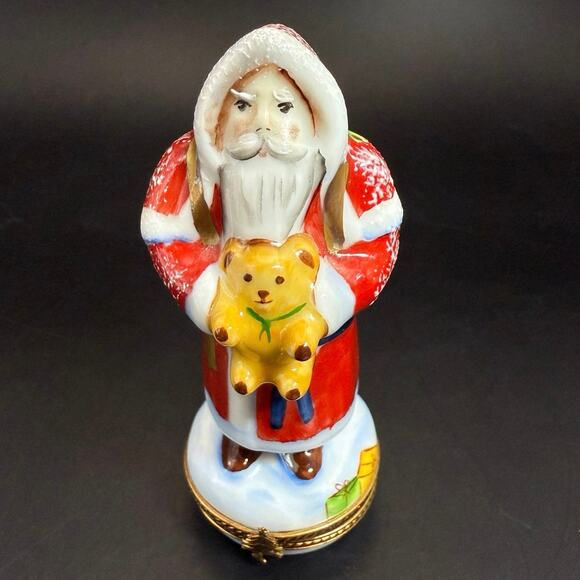 Limoges Snowy Santa teddy Bear Trinket Box Christmas Tree Clasp Mistletoe signed - Picture 1 of 6